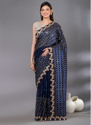 Embroidered Georgette Trendy Saree in Navy Blue