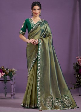 Embroidered Glass Tissue Designer Saree in Green