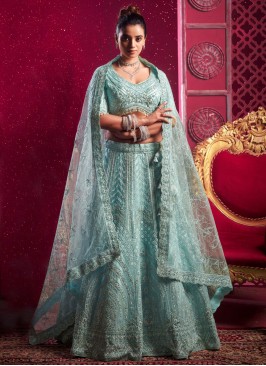 Embroidered Net Readymade Lehenga Choli in Aqua Blue