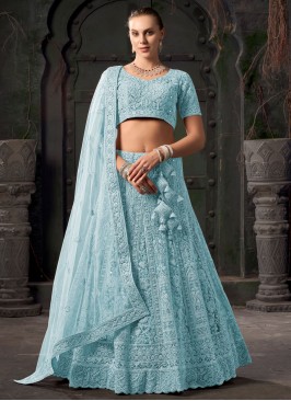 Embroidered Net Readymade Lehenga Choli in Aqua Blue