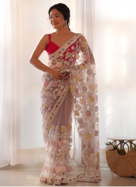 Embroidered Net Saree in Rose Pink