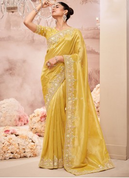 Embroidered Organza Contemporary Saree in Yellow