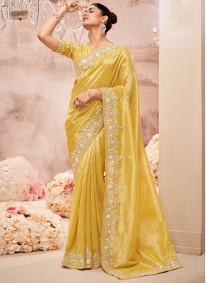 Embroidered Organza Contemporary Saree in Yellow