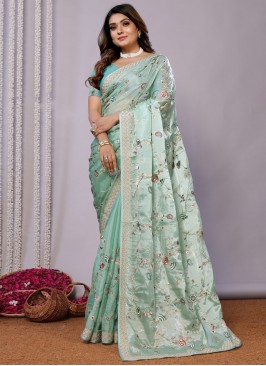 Embroidered Satin Silk Contemporary Saree in Aqua Blue