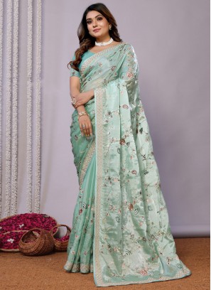 Embroidered Satin Silk Contemporary Saree in Aqua Blue