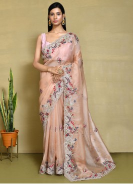 Embroidered Silk Contemporary Saree in Peach