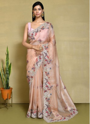 Embroidered Silk Contemporary Saree in Peach