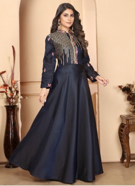 Embroidered Silk Readymade Gown in Navy Blue