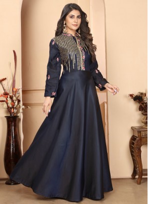 Embroidered Silk Readymade Gown in Navy Blue