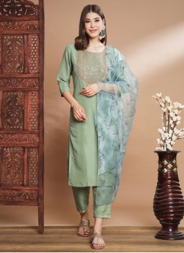 Embroidered Silk Readymade Salwar Kameez in Green