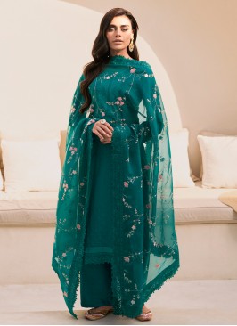 Embroidered Silk Salwar Suit in Green