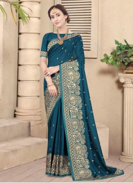 Embroidered Silk Traditional Designer Saree in Gre