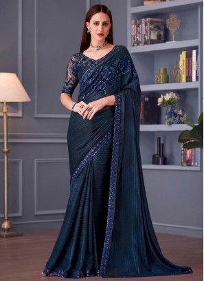 Embroidered Silk Trendy Saree in Navy Blue