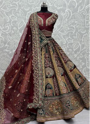 Embroidered Velvet Designer Lehenga Choli in Maroon