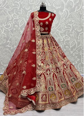 Embroidered Velvet Designer Lehenga Choli in Red