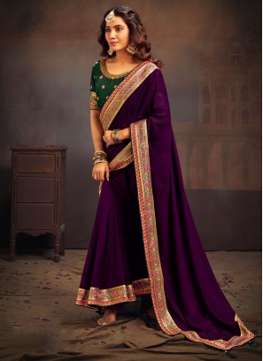 Embroidered Vichitra Silk Contemporary Style Saree in Purple