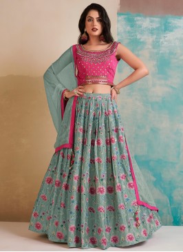 Enchanting Blue and Pink Designer Party Wear Heavy