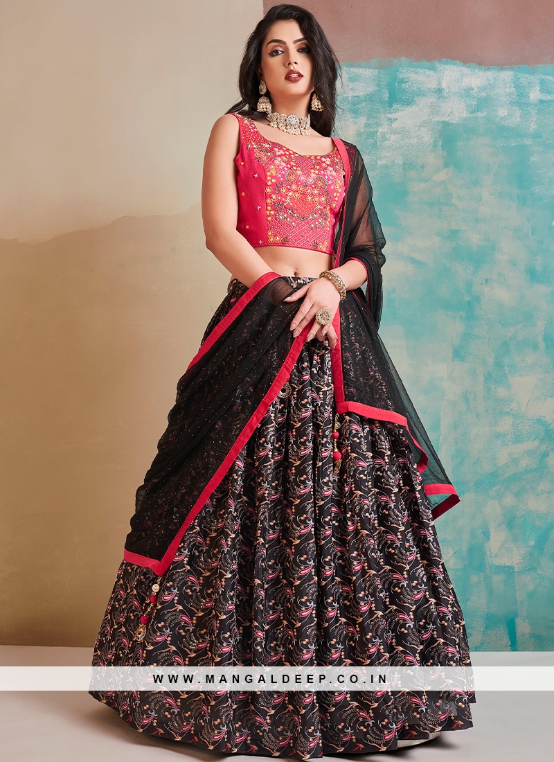Black Fur Lehenga Choli with Red All-Over Sequins Buti Work and Pink Soft  Net Dupatta | Exotic India Art