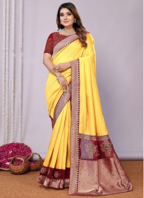 Enchanting Embroidered Yellow Silk Designer Saree