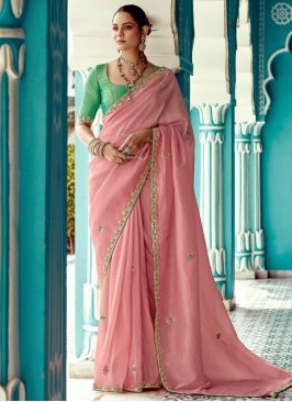 Enchanting Pink Glass Tissue Traditional Saree