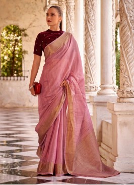 Enchanting Pink Woven Linen Classic Saree