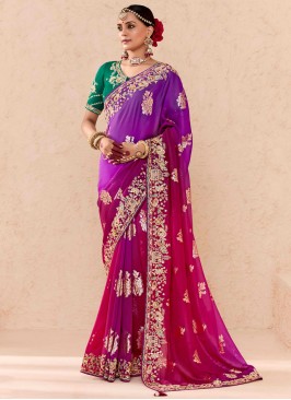 Energetic Khatli Work Purple and Rani Classic Saree