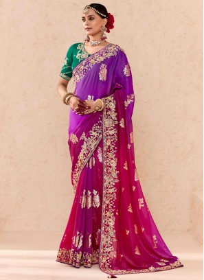 Energetic Khatli Work Purple and Rani Classic Saree