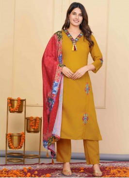 Engrossing Embroidered Viscose Mustard Readymade Salwar Kameez