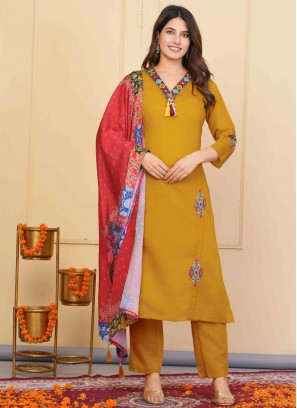 Engrossing Embroidered Viscose Mustard Readymade Salwar Kameez