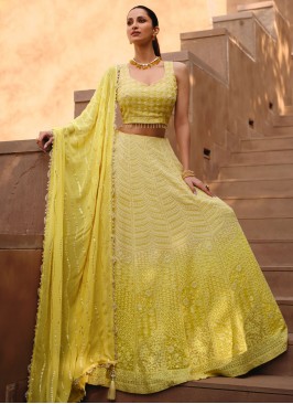 Engrossing Embroidered Yellow Georgette Readymade Lehenga Choli