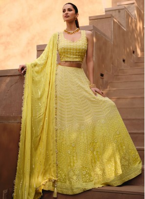 Engrossing Embroidered Yellow Georgette Readymade Lehenga Choli