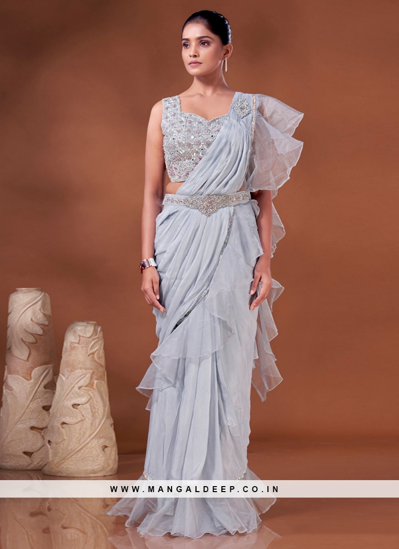 Aqua Green & Slate Grey Ruffle Saree – Pasha India