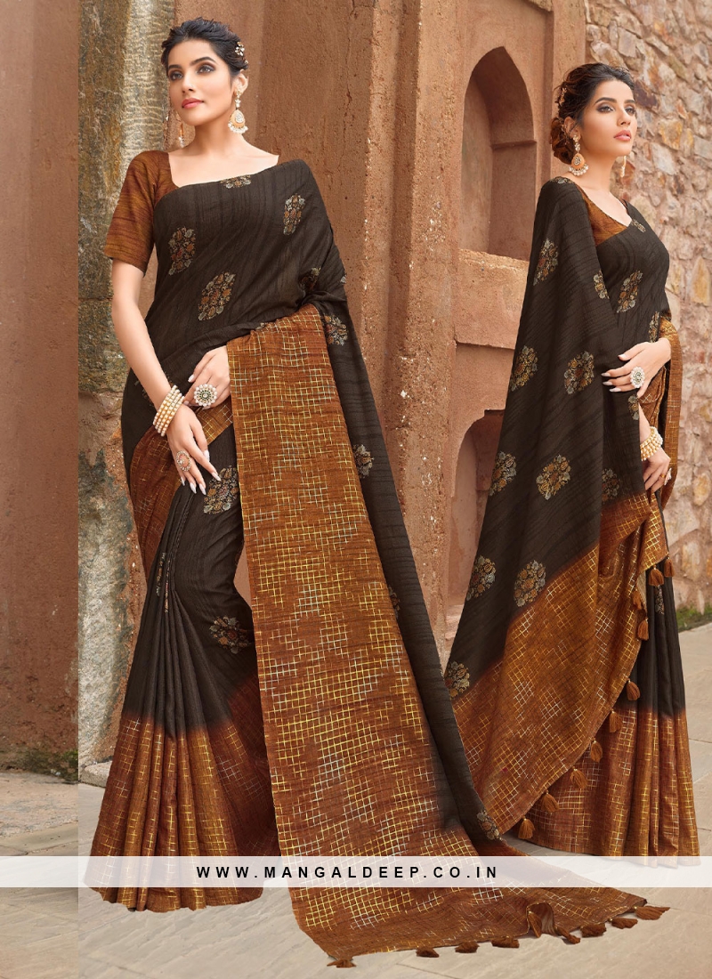 Buy Dark Brown Zari Pure Chiffon Georgette Saree Festive Wear Online at  Best Price | Cbazaar