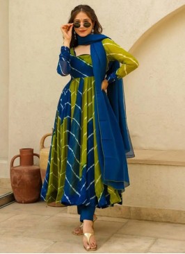 Enthralling Digital Print Organza Blue and Green Readymade Salwar Kameez