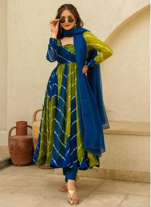 Enthralling Digital Print Organza Blue and Green Readymade Salwar Kameez