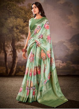 Enthralling Print Cotton Silk Green Trendy Saree