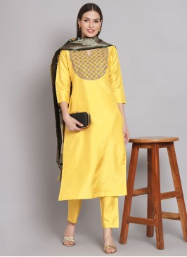 Enthralling Silk Blend Yellow Embroidered Salwar K