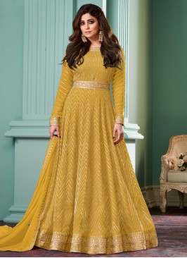 Entrancing Mustard Georgette Readymade Trendy Gown 