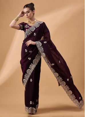 Especial Embroidered Silk Purple Trendy Saree