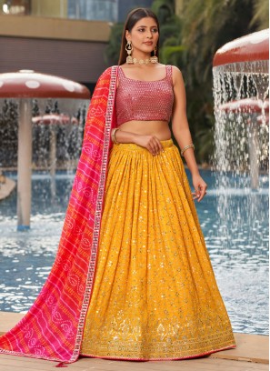 Especial Georgette Pink and Yellow Embroidered A Line Lehenga Choli