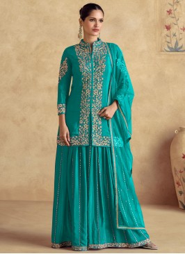 Especial Zari Firozi Silk Trendy Palazzo Salwar Kameez