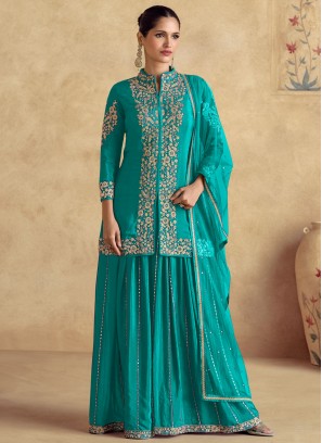 Especial Zari Firozi Silk Trendy Palazzo Salwar Kameez