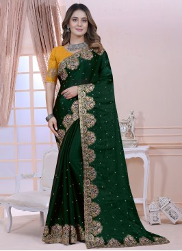 Ethnic Green Resham Satin Silk Contemporary Saree
