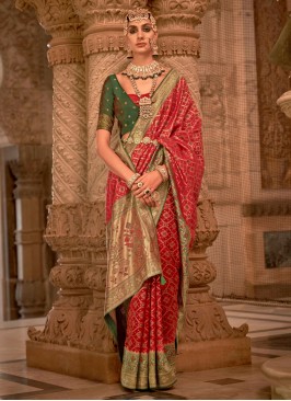 Ethnic Red Jacquard Silk Classic Saree