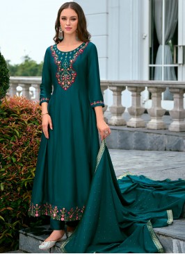 Exceeding Vichitra Silk Teal Readymade Salwar Kameez