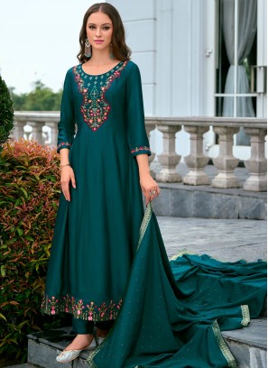 Exceeding Vichitra Silk Teal Readymade Salwar Kameez