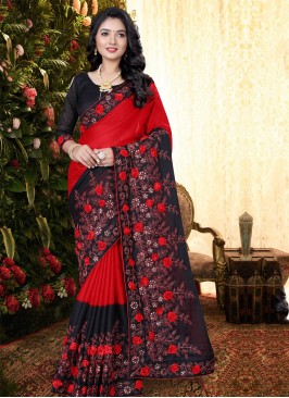 Excellent Black and Red Embroidered Classic Saree