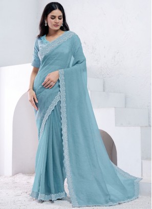 Excellent Embroidered Aqua Blue Trendy Saree