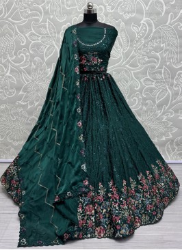 Excellent Green and Teal Embroidered Chinon Lehenga Choli