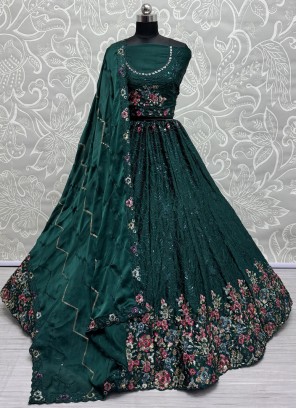 Excellent Green and Teal Embroidered Chinon Lehenga Choli